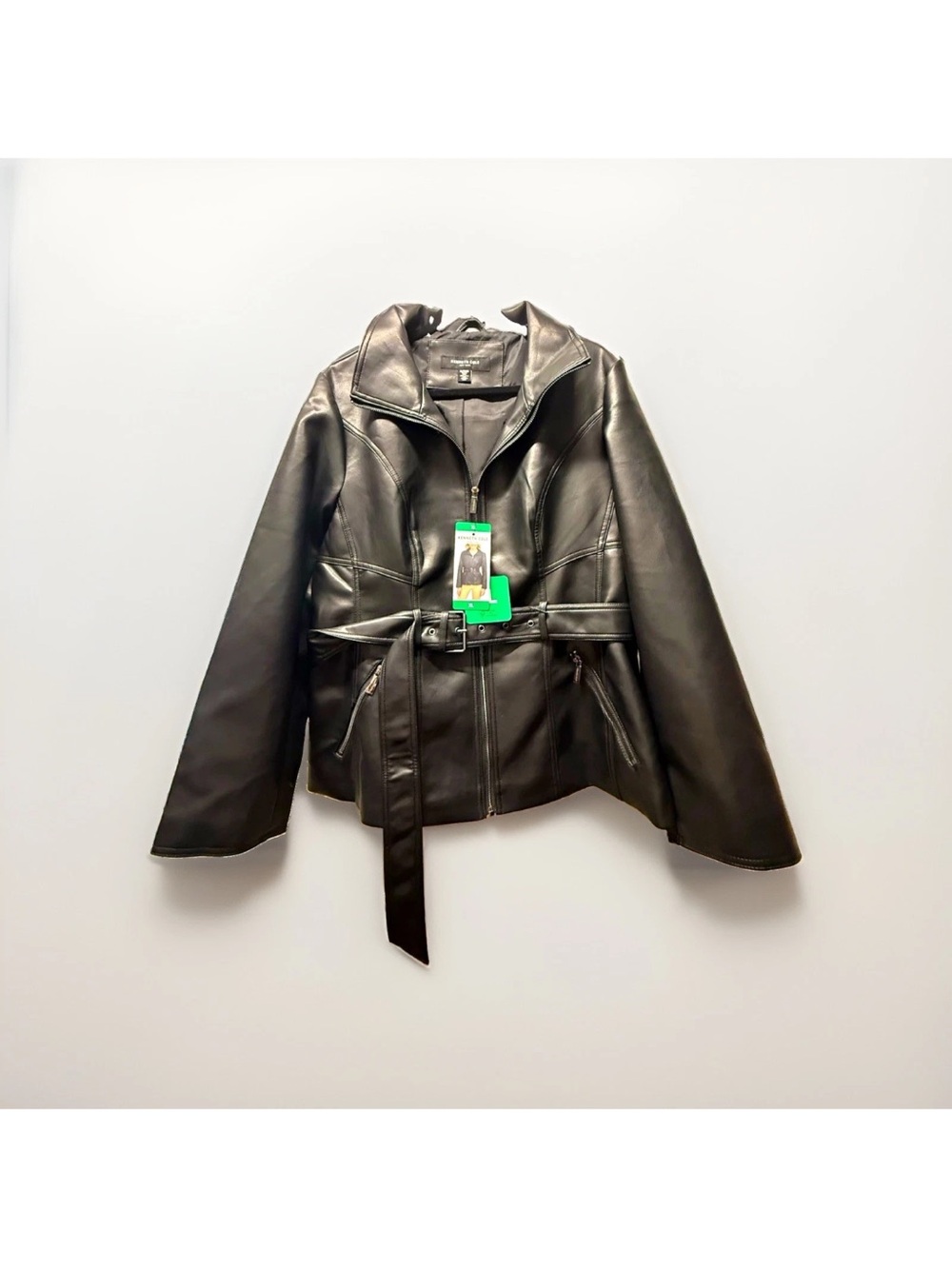 Kenneth Cole Black Faux Leather Belted Jacket